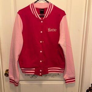 NWOT Barbie Varsity sweater jacket, in hot pink and light pink, XL.